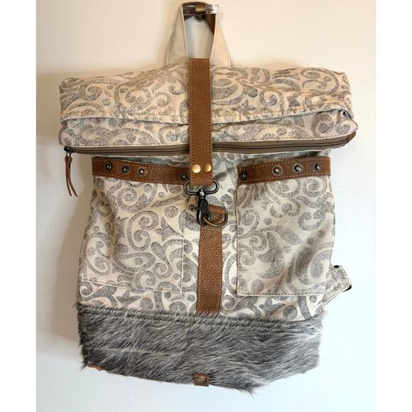 Myra Bag Backpack Upcycled Canvas Leather Hair on Hide Large Excellent Condition - Picture 2 of 11